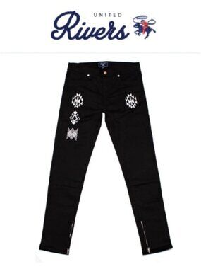 United Rivers Muddy Creek Black Western Embroidered Skinny Jeans Cowhide Size 32